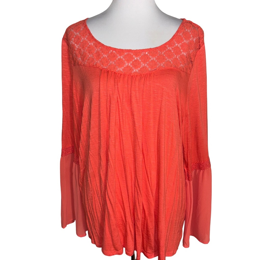 New Directions Vibrant Coral Blouse with Lace Accents